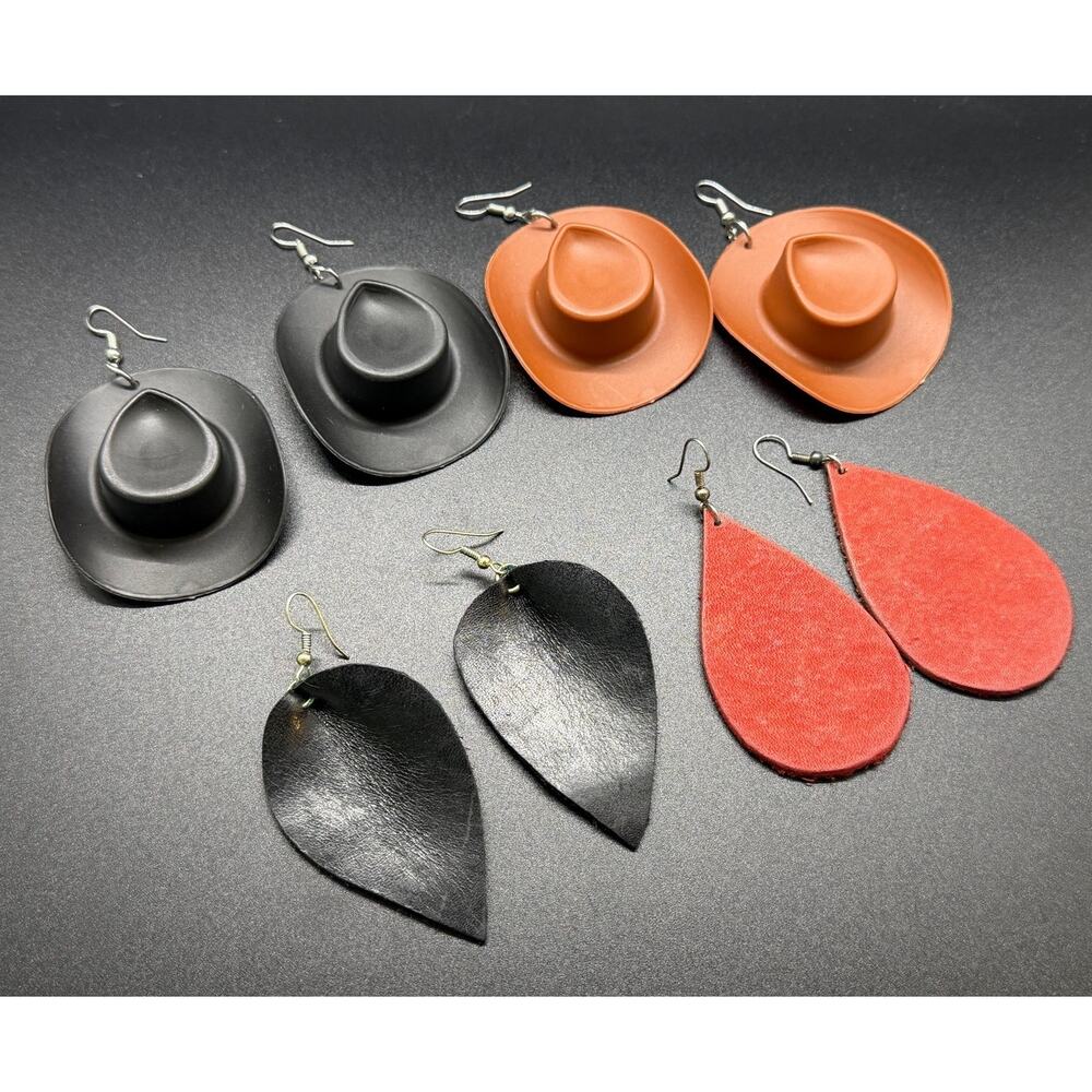 Set earrings miniature cowboy hat plastic/leather black browm